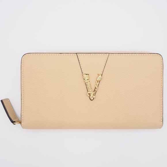 Versace Handbags - Versace Grainy Leather Gold Monogram Zip Around Clutch Wallet